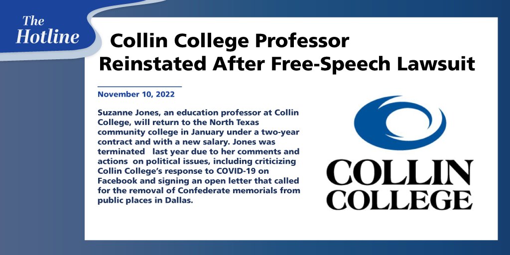 🆕: A Collin College professor will return in January with a new contract & salary. Suzanne Jones was terminated last year because of comments criticizing the college's COVID-19 response & calling for the removal of Confederate memorials in Dallas. texasaft.org/government/col…