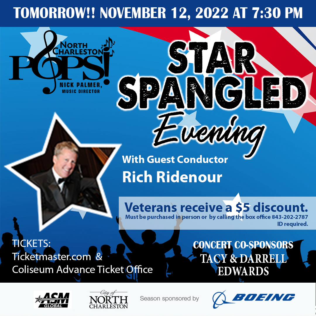 TOMORROW! Join The North Charleston POPS! and guest conductor Rich Ridenour Saturday, Nov. 12, 2022 at 7:30pm for an evening of memorable music featuring toe-tapping All-American favorites. 
#NChasPops #BoeingInspires <a href="/weareboeingsc/">We Are Boeing SC</a> @boeing