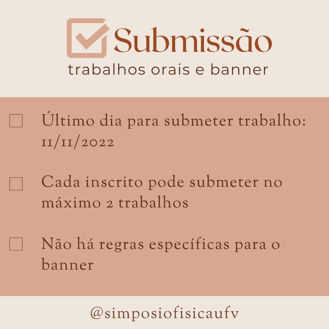 Hoje é o último dia para submissão de resumos para o Simpósio!

Todos os trabalhos serão propostos como apresentação em pôster. Há possibilidade de apresentações orais, com essa opção à ser selecionada no formulário de inscrição. 

Mais informações em: ufv2022.simposiofisica.com