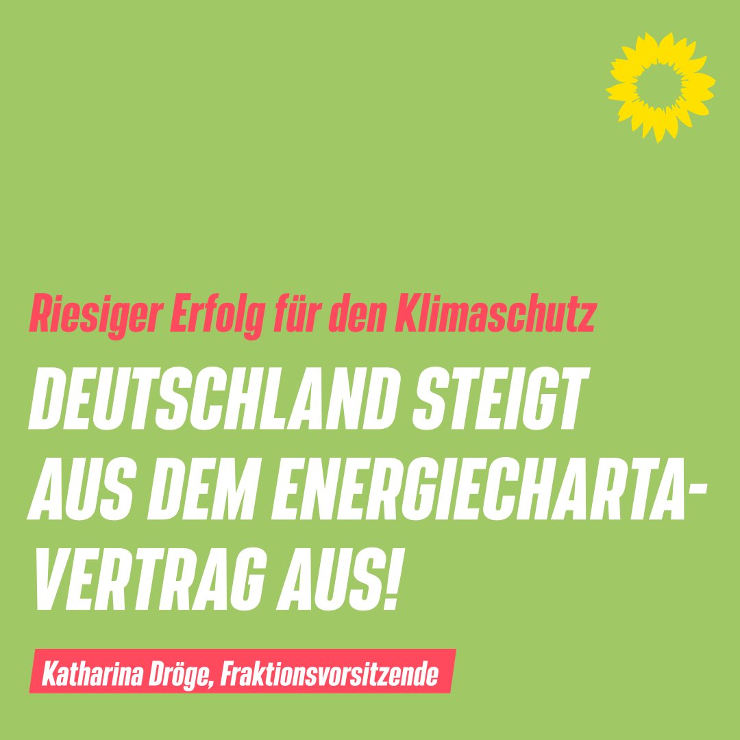 BREAKING+++

Riesiger Erfolg für den Klimaschutz! Deutschland steigt aus dem #Energiecharta-Vertrag aus. Darauf haben wir uns als Ampel-Fraktionen gerade geeinigt. Extrem wichtig und ein großartiges Signal parallel zur Klimakonferenz. #COP27 #ECT