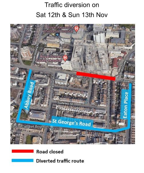 Eastern Road will be closed on 12th &amp; 13th November where it passes the 3Ts Redevelopment site at RSCH. During the road closure, traffic will be diverted to the south of the hospital along St George's Road. All the hospital's entrances and buildings will remain open as usual.