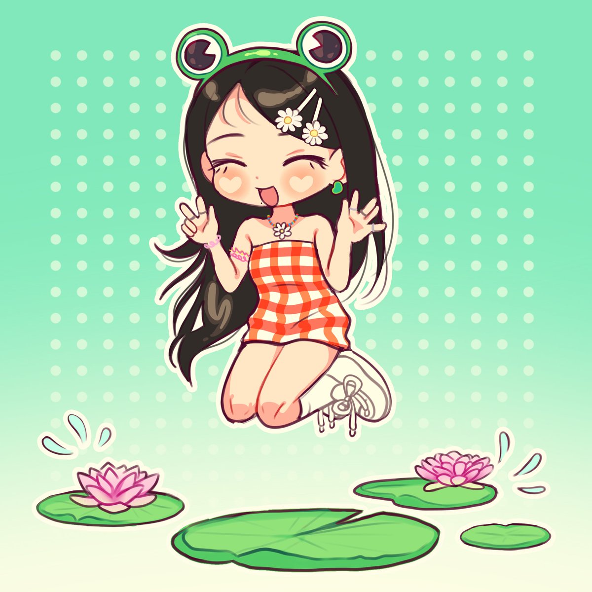 1girl solo flower lily pad black hair hair ornament closed eyes  illustration images