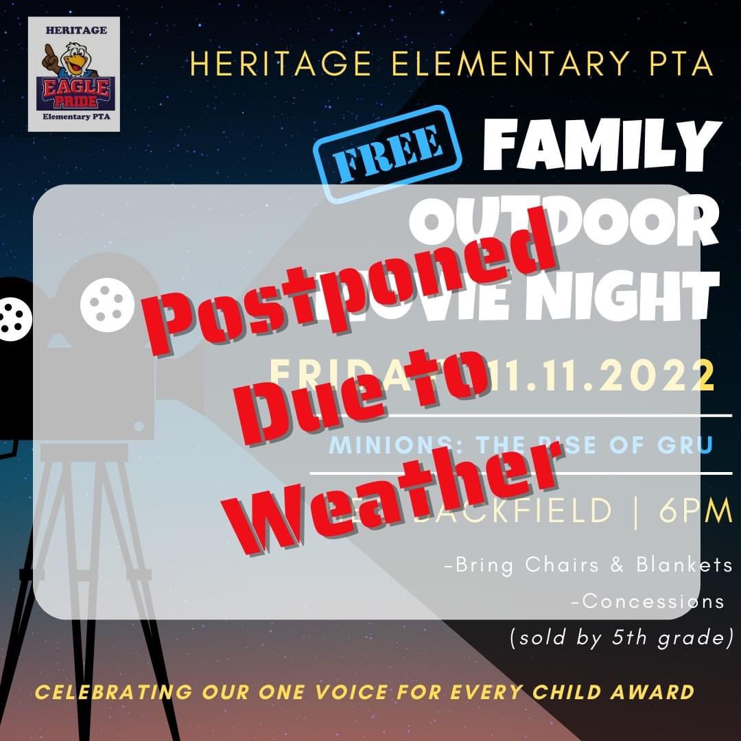 HES Parents (@hesparents) on Twitter photo It's wet, windy, & the temperature is dropping.
Due to the weather, we are postponing our <a href="/HESRegalEagle/">Heritage Elementary</a> Outdoor Movie Night. We will reschedule for an evening with favorable weather to celebrate our One Voice for Every Child Award.
Stay warm & dry, Eagles!
#hesconnectsus It's wet, windy, & the temperature is dropping.
Due to the weather, we are postponing our <a href="/HESRegalEagle/">Heritage Elementary</a> Outdoor Movie Night. We will reschedule for an evening with favorable weather to celebrate our One Voice for Every Child Award.
Stay warm & dry, Eagles!
#hesconnectsus