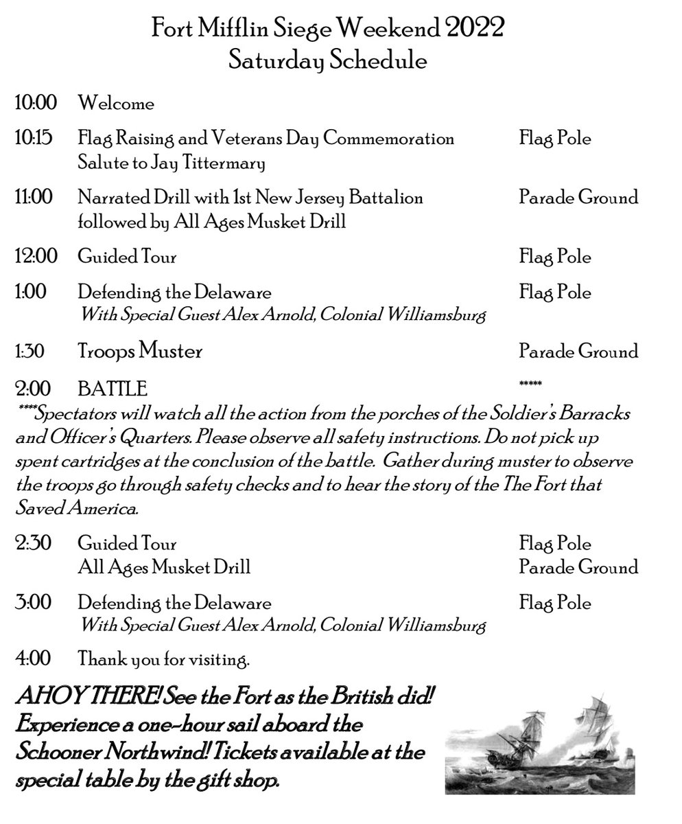 Fort_Mifflin's tweet photo. Take Notice❗️Here is the schedule of events for Siege Weekend 2022! 🇺🇸 The Schooner North Wind will be there both days to take folks on river tours ⛵️ as well. https://t.co/FubacyES5M