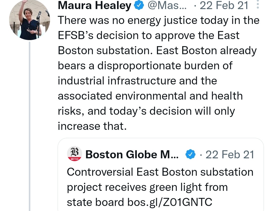 collonil13's tweet photo. Gov-Elect @maura_healey nailed it in 2021! @EversourceMA proposal for a substation continues as #EJ4MA disaster for the Eastie n’hoods already bearing too much burden. It's time to put action on your words!! #NoEastieSubstation https://t.co/ae05Ogq5cD