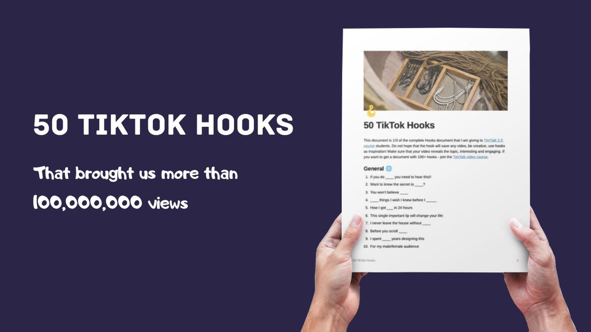 timdanilovhi's tweet photo. My agency has written 10,000+ TikTok hooks.

I've collected 50 best hooks of all time that scored 100m+ views for us in this doc.

To get PDF 💎 for free:
1. RT
2. Comment "50"

I will autoDM it to you. 
(must be following) https://t.co/OPyKYnOPFX