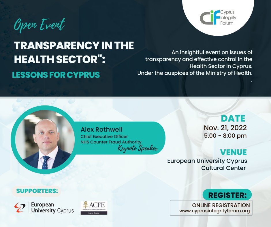 CyIntegrity's tweet image. EVENT 21/11/2022, "TRANSPARENCY IN THE HEALTH SECTOR: LESSONS FOR CYPRUS":
We are pleased to announce that we are organizing an open event on the Health Sector and Transparency issues: “Transparency in the Health Sector... bit.ly/3fT3y8p 
#integrity #transparency #CIF