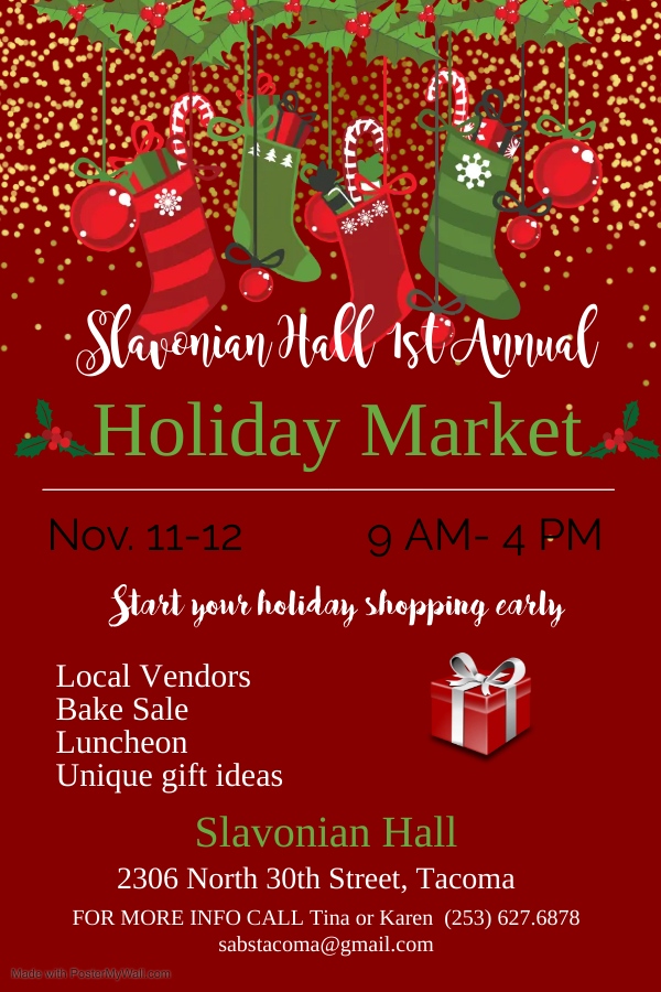 Weekend plans? 
Stop by the Holiday Market at Slavonian Hall in Old Town Tacoma. You'll find local vendors, baked goods, and unique gift ideas.

#TacomaWA