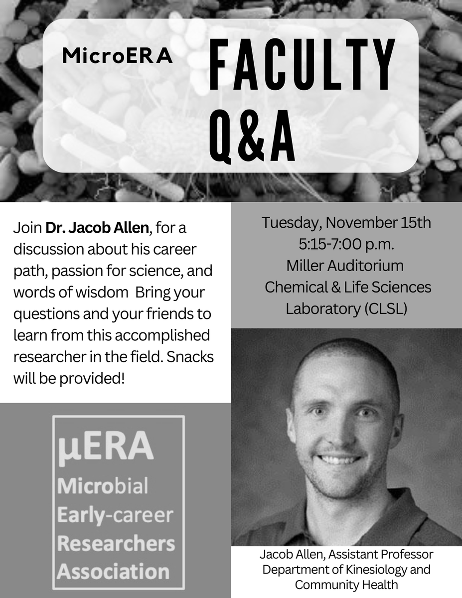 TONIGHT! Join MicroERA at 5:15 p.m. in CLSL's Auditorium for an interactive and fun night with <a href="/JacobAllenPhD/">Jacob Allen</a> as we learn about his research and experiences as an early career researcher and faculty member.