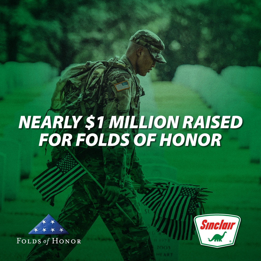Fueling Folds of Honor raised nearly a million dollars to support the children and spouses of fallen or disabled veterans and first responders by providing educational scholarships. Thanks to all who have served. 🇺🇸

#fuelingfoldsofhonor #sinclairoil #fuel