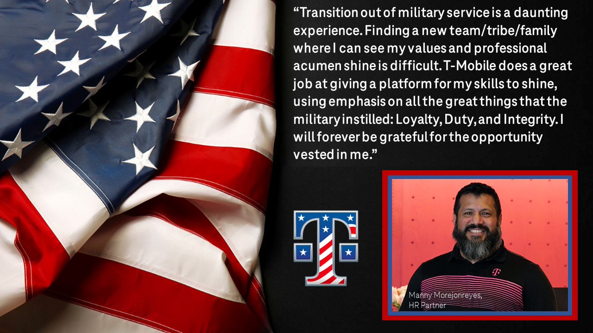 On Veterans Day, we celebrate the indomitable spirit that charges America’s Sons &amp; Daughters to put themselves at risk for the greater good. Thank you for your service and sacrifice Manny. Your skills absolutely do shine at <a href="/TMobile/">T-Mobile</a>, I am so grateful you are with us!