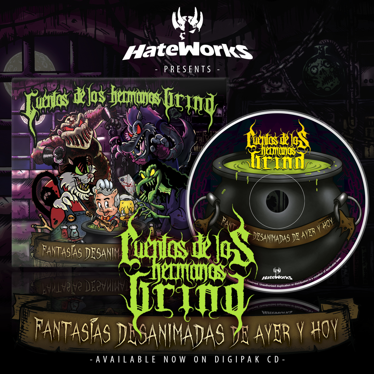 hateworkers's tweet image. HateWorks presenta:
CUENTOS DE LOS HERMANOS GRIND
"Fantasías Desanimadas de Ayer y Hoy"

Disponible en versión limitada Pop-Up Digipak, incluye los éxitos "Don Satanero" y 
"El colmo, esto no pasa en Estocolmo".

#YourHateMakesMeStronger