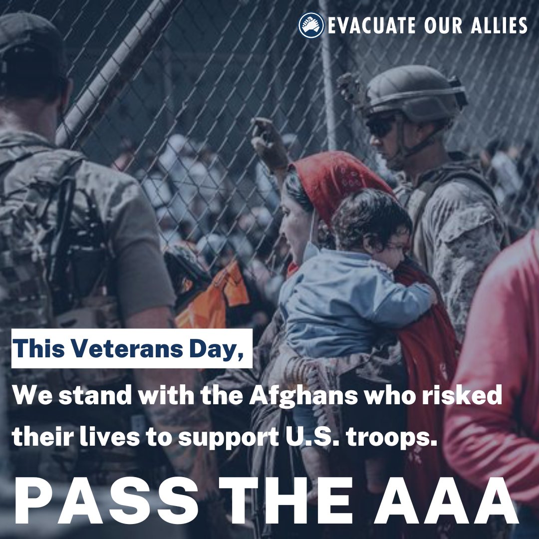 This #VeteransDay, we honor veterans & the thousands of Afghans who risked their lives, & the lives of their families, to stand #ShonaBaShona with US troops in Afghanistan.  

We must all stand with our allies & #KeepThePromise we made. Pass the #AAA. bit.ly/PassAAA
