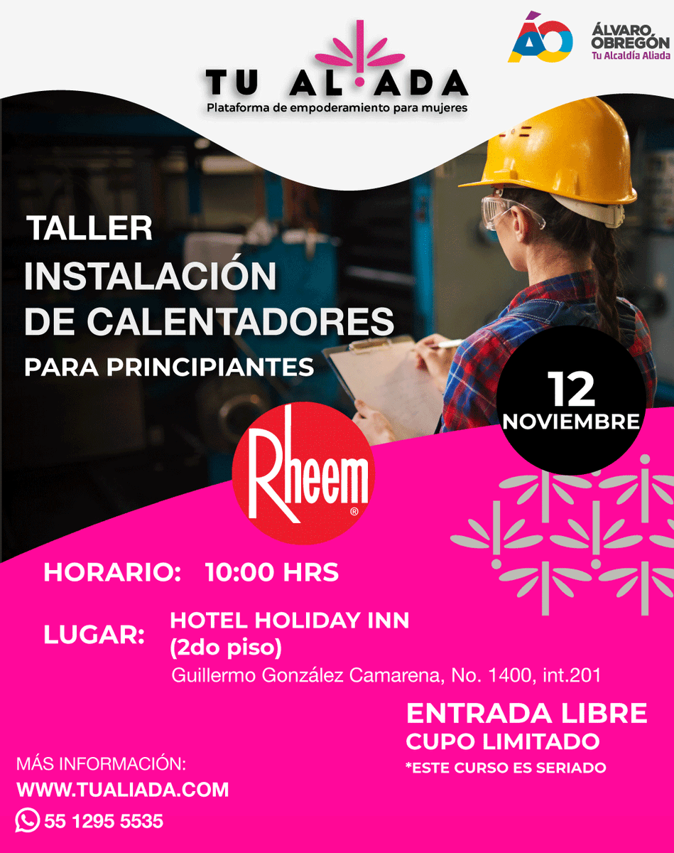 Tu_Aliadamx's tweet photo. ¡Vecinas! Están a tiempo de registrarse al curso de Instalación de Calentadores con #Rheem, mañana tenemos clase de 10 a 12 en el Centro de Capacitación RHEEM. Informes y registro al +52 55 1295 5535
#ÁlvaroObregón #MujeresEmprendedoras #MujeresPlomeras #Generación2 #Gratuito https://t.co/fL9iEmvIlx