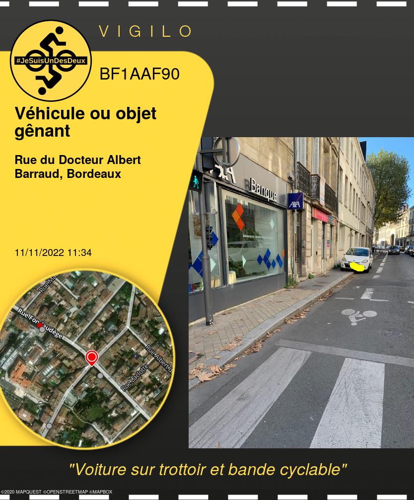 VigiloBordeaux's tweet photo. Et un nouveau signalement sur vigilo : 
Voiture sur trottoir et bande cyclable 
https://t.co/bEhkJWATeQ
#Véhicule ou objet gênant #Bordeaux @cycles_maniv 
 @BxMetro #jesuisundesdeux https://t.co/dT7DajrzvD