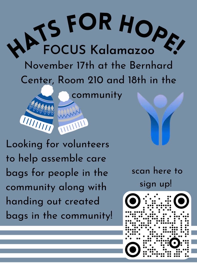 FOCUSKalamazoo's tweet photo. 🚨 VOLUNTEER ALERT 🚨
Annual Hats for Hope on November 17th from 8-9 and 18th from 11:30-1:30! Hope to see you there! https://t.co/MJuStGSTCi