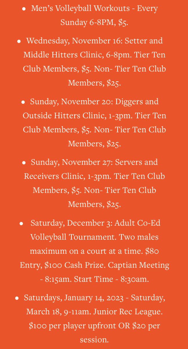 🏐DON’T FORGET VOLLEYBALL OPEN GYM TONIGHT 6-9PM for MS &amp; HS players, only $5.

🏐OUR LAST CLUB TRYOUT WILL BE THIS SUNDAY, 11/13 from 1-3PM.

🏐PLEASE make note of these additional dates for youth through adult, women &amp; men’s volleyball players‼️

Going to be a GREAT winter ❄️🏐