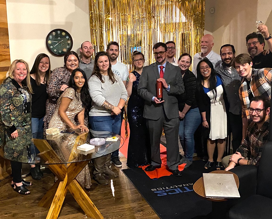 Evolytics's tweet photo. We celebrated winning two @DAAorg Quantie Awards Wed. night—Data Science Architect John Carney won Top Consultant, and the analytics dev team won Best New Technology for an Adobe Launch Extension they built. All finalists and winners were cheered at the Evolytics HQ watch party ! https://t.co/LSd2ppeaYF