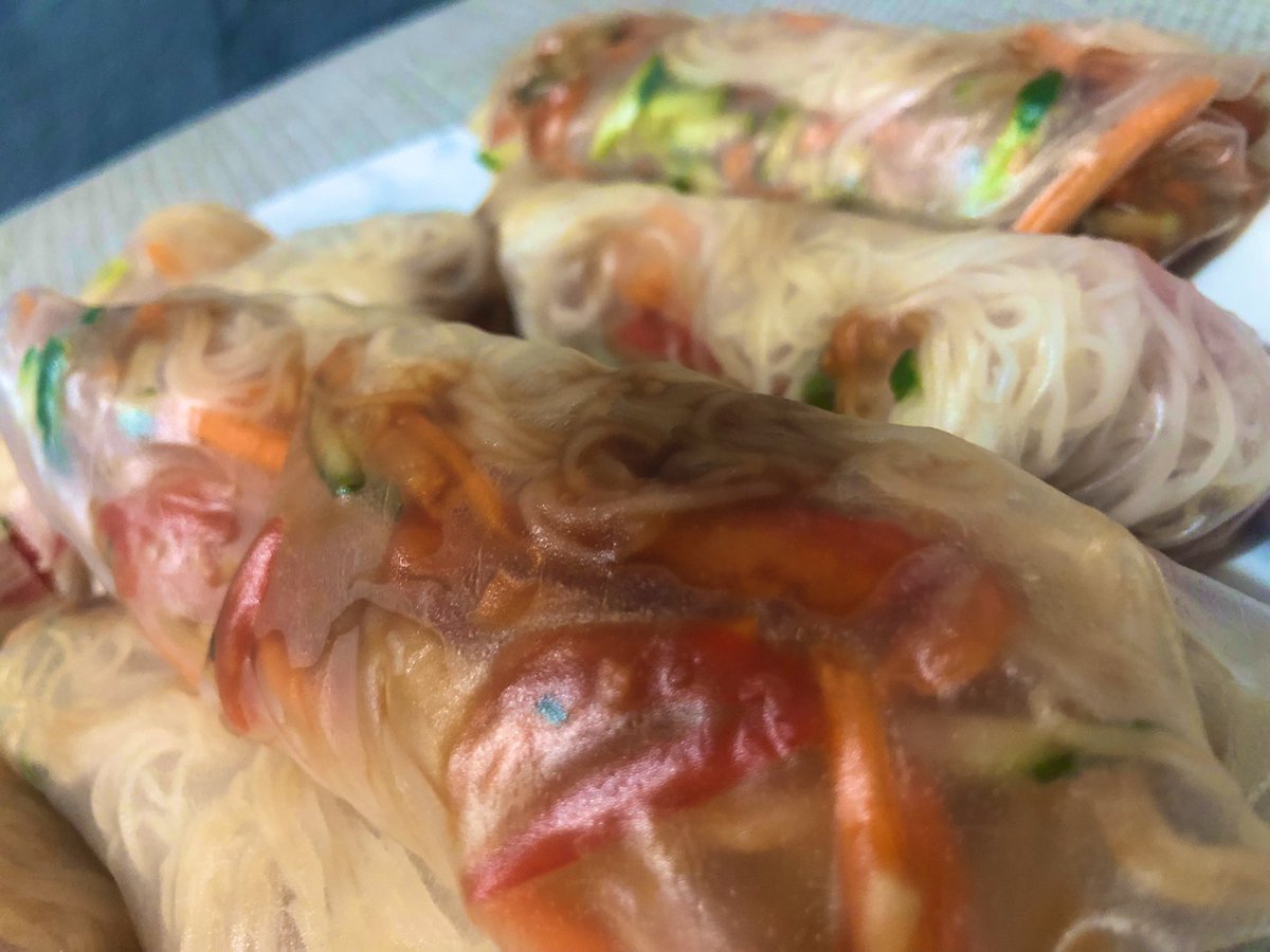 KellyMF8's tweet photo. A combination of cuisines tonight - Vietnamese spring rolls and peanut dipping sauce (both made from scratch 👩‍🍳) and chicken gyoza for dinner 😊🥰 https://t.co/5DeD3O3bUX