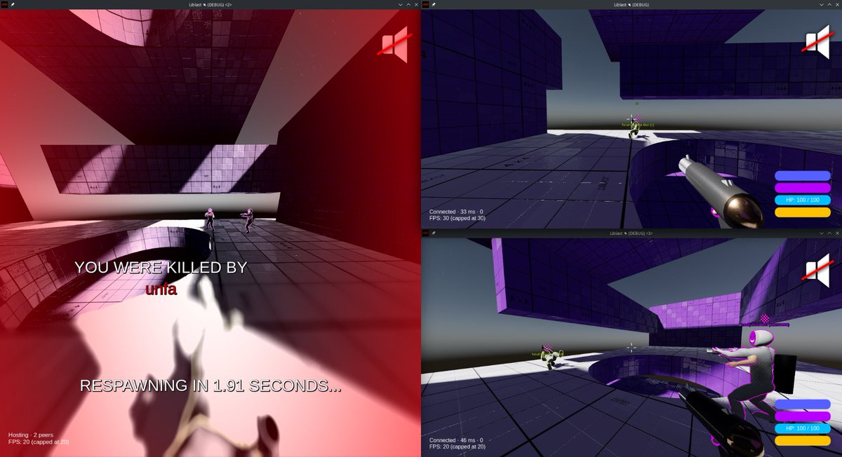 unfa's tweet image. Doing work on #Liblast, an open-source multiplayer FPS made with #GodotEngine 4 (still in pre-alpha).

I got the death screen and camera working. I managed to get kills and movement synced pretty well. Now I'm trying to get people's… mastodon.social/@unfa/10932628…