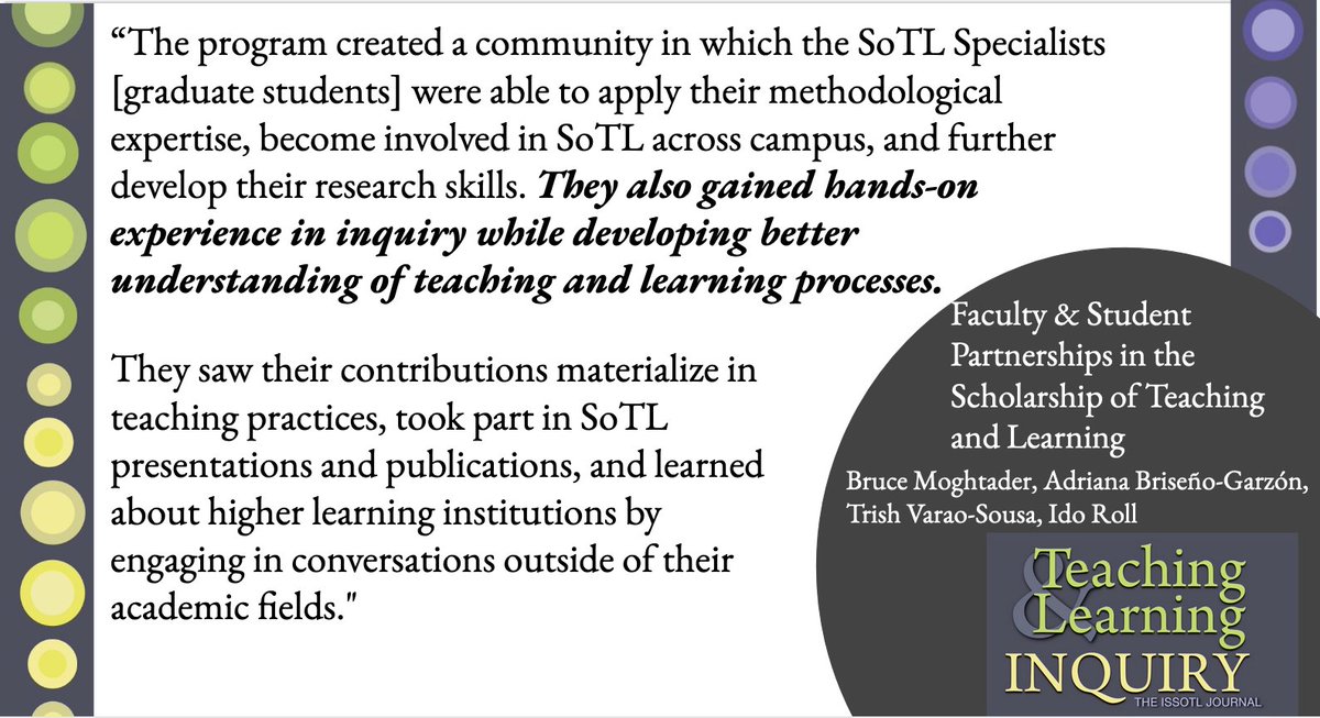 Moghtader, Briseño-Garzón, Varao-Sousa, and Roll write about partnerships in SoTL at the institutional level and discuss their impact on academic and professional development of faculty and student partners. 
@ISSOTL #SaP journalhosting.ucalgary.ca/index.php/TLI/…