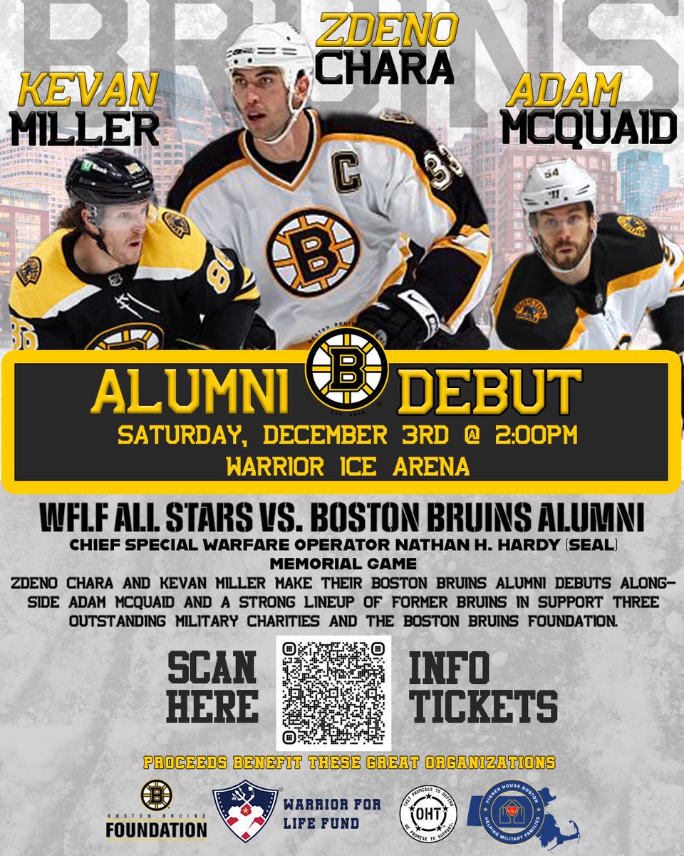 Zdeno Chara and Kevan Miller make their Boston Bruins Alumni debuts alongside Adam McQuaid and a strong lineup of former Bruins in support of three outstanding military charities and the Boston Bruins Foundation. 

Get your tickets here  👉 rb.gy/0z0vse