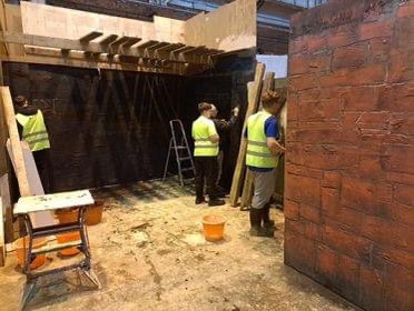Today the Pitstop Crew continued on the cellar set, after working hard plastering and making their first cast for the wall it was time to blackwash, learning new techniques to paint sandstone effects.  #nadtyouth #wherepoppiesgrow #workexperience #YouthWorkMatters