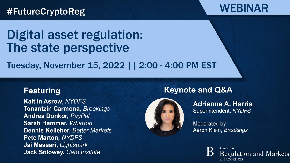 BrookingsEcon's tweet photo. Next week: @NYDFS Superintendent Adrienne A. Harris and a host of experts from industry, government, and academia will discuss the state perspective on #crypto, #stablecoin, and more. 
Register->https://t.co/iiW3DtHPE6
Questions->#FutureCryptoReg https://t.co/TsHr14YSBp