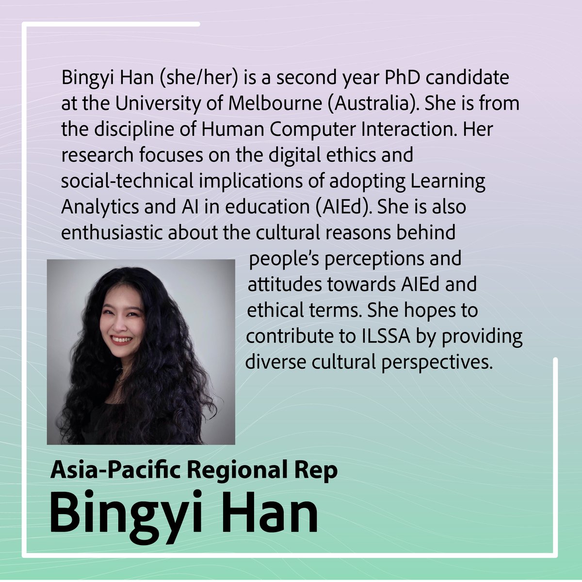 #GetToKnowILSSABetter
Meet Bingyi, ILSSA Asia-Pacific Regional Rep!

Follow her updates at <a href="/bingyi_han/">BingyiHan</a> and at
linkedin.com/in/bingyi-han-…

#isls <a href="/islsnews/">ISLS News</a> #ILSSA #LearningScientists