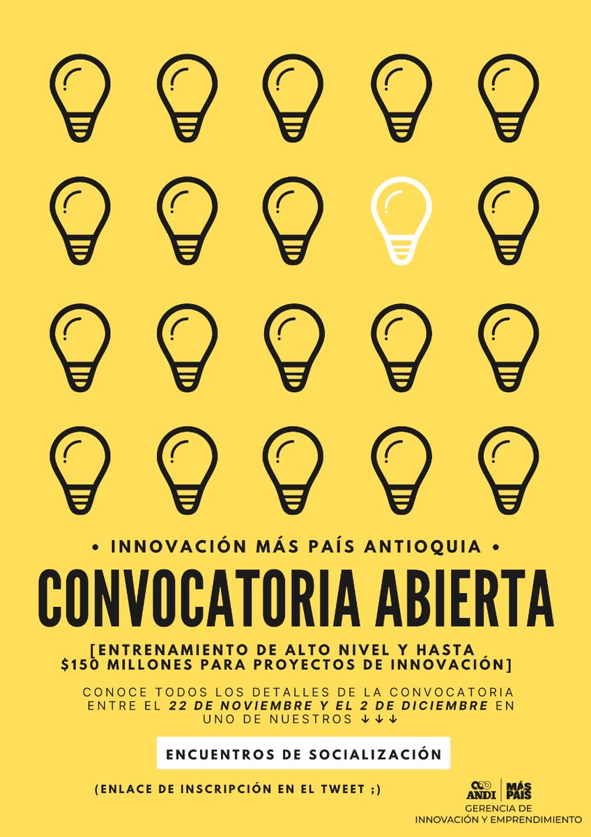ANDI_Antioquia's tweet photo. 🔥🔥 Está abierta la convocatoria de Innovación Más Pais Antioquia 🔥🔥

En el siguiente enlace pueden realizar su inscripción a los encuentros de socialización 😃🥗: https://t.co/c1x6hXl4pH

¡Es una tremenda oportunidad exclusiva para afiliados ANDI! 💎💸 https://t.co/vDGXY3ietv