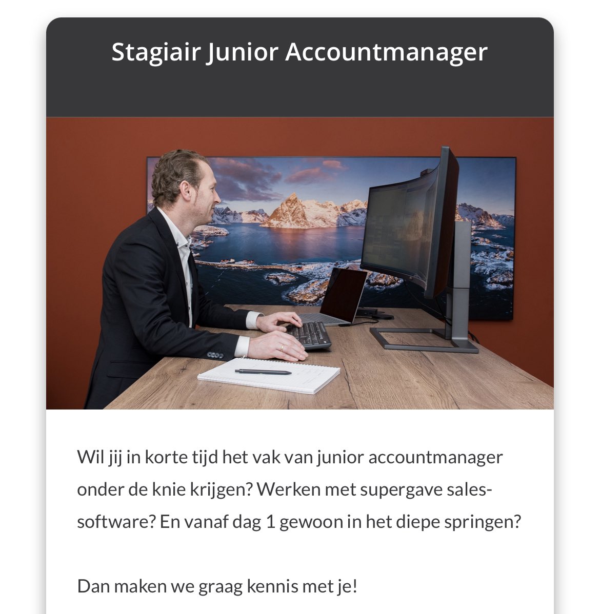 Gerrit Valkenburg (@gvalkenburg) on Twitter photo Wij hebben bij <a href="/SforSoftware/">S for Software</a> een gaaf plekje beschikbaar! Pik jij hem in?
#stagiair #junioraccountmanager sforsoftware.nl/werken-bij/sta… Wij hebben bij <a href="/SforSoftware/">S for Software</a> een gaaf plekje beschikbaar! Pik jij hem in?
#stagiair #junioraccountmanager sforsoftware.nl/werken-bij/sta…