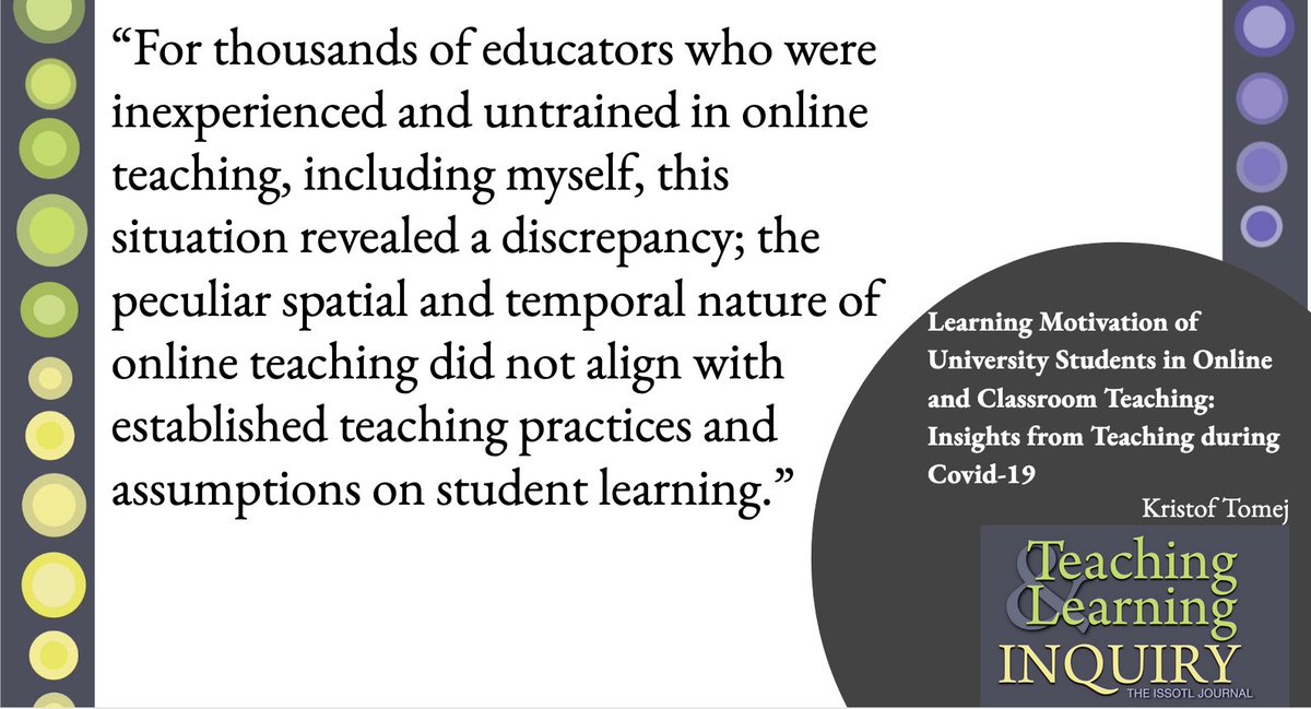 In this recent article from Kristof Tomej discusses various factors that influence student learning motivation during the Covid-19 pandemic. 
@ISSOTL Read more at: journalhosting.ucalgary.ca/index.php/TLI/…