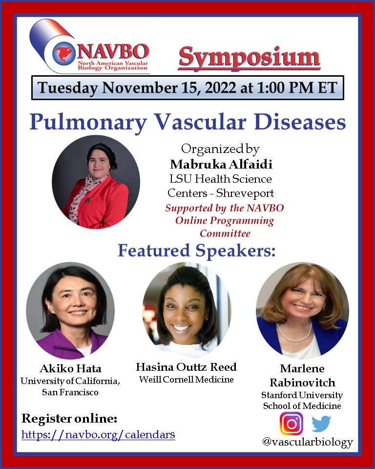 NAVBO (@vascularbiology) on Twitter photo Next Tuesday, Nov. 15, <a href="/1/">1</a>:00PM EST, Join us in a NAVBO Symposium: Pulmonary Vascular Diseases.
Featuring speakers of #IVBM22 Drs. Akiko Hata, Hasina Outtz Reed, Marlene Rabinovitch. Organized by <a href="/MaAlfaidi/">Mabruka Alfaidi, Associ. Director Trans. Res @CHVR</a> and supported by #NAVBOOnline
Register here bit.ly/3TQC2H7 Next Tuesday, Nov. 15, <a href="/1/">1</a>:00PM EST, Join us in a NAVBO Symposium: Pulmonary Vascular Diseases.
Featuring speakers of #IVBM22 Drs. Akiko Hata, Hasina Outtz Reed, Marlene Rabinovitch. Organized by <a href="/MaAlfaidi/">Mabruka Alfaidi, Associ. Director Trans. Res @CHVR</a> and supported by #NAVBOOnline
Register here bit.ly/3TQC2H7