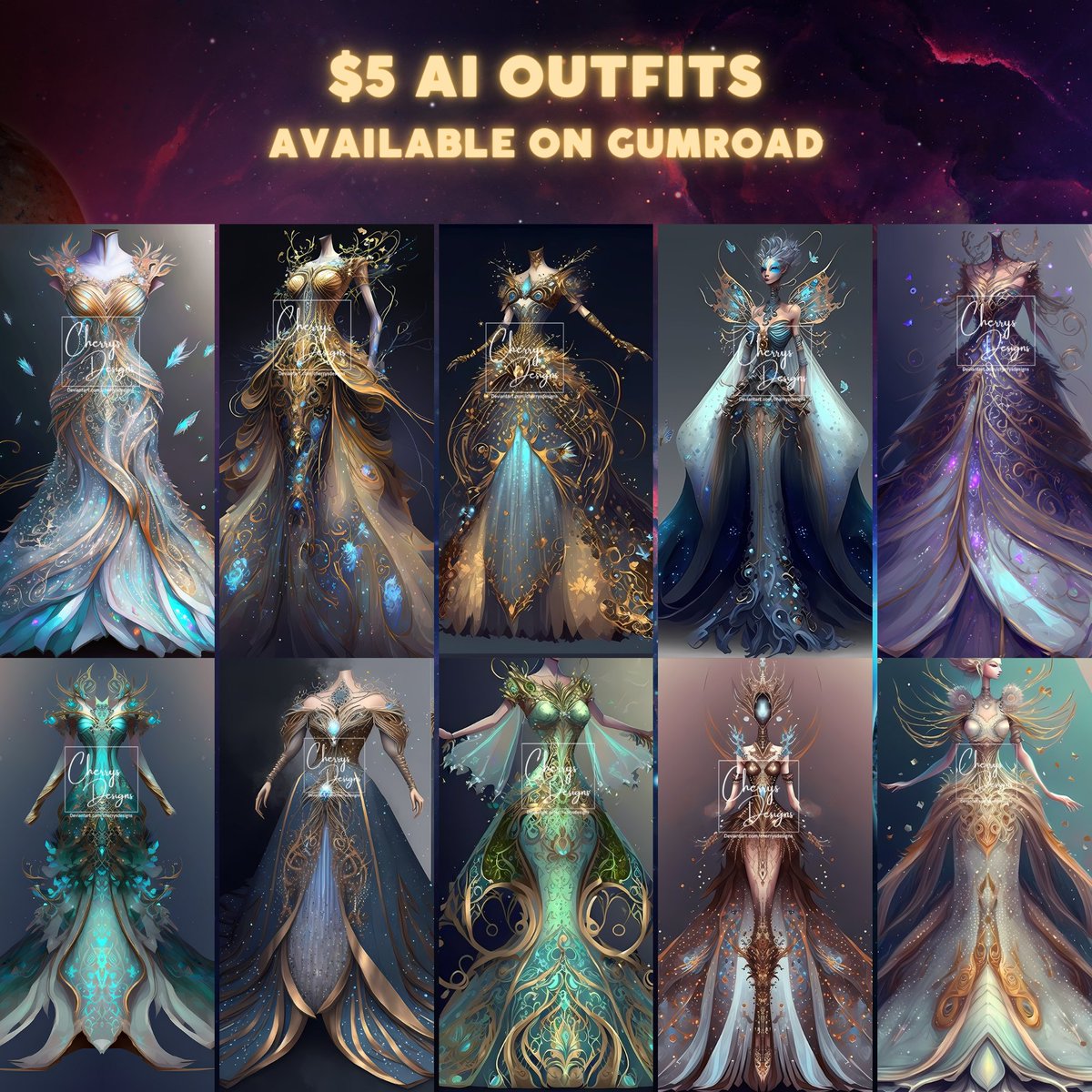 Cherrysdesigns2's tweet photo. a new set of AI outfits available on Gumroad for $5 each ~
https://t.co/X1Zkp2NJCq
Partly repainted and edited by me :)
#ai #aiadopt #outfitadopt #gumroad #outfitdesign #fashiondesign #hautecouture #dress #gala #metgala #redcarpet https://t.co/3X3qquBuDG