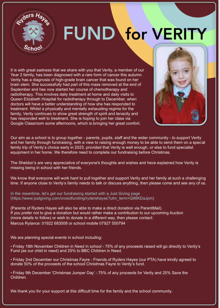 Weʼre currently raising money to support the family of Verity a member of our Year 2 family, who has been diagnosed with a rare form of cancer this autumn.

If you can make any contribution to this cause, please use our Just Giving link in the comments ✨💕
