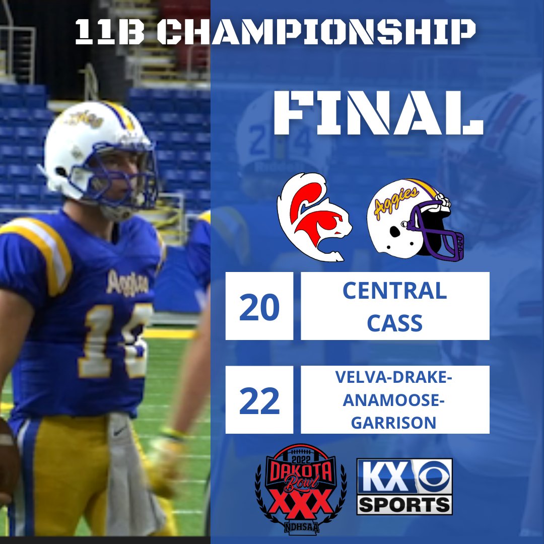 KXMB's tweet photo. UNDEFEATED CHAMPIONS: Velva-Drake-Anamoose Garrison defeats Central Cass, 22-20, to take home the 11B title, thanks to a 4th down goalline stop by their defense, in a thrilling matchup to kickoff Dakota Bowl XXX! #NDPreps https://t.co/0I50XgsWG8