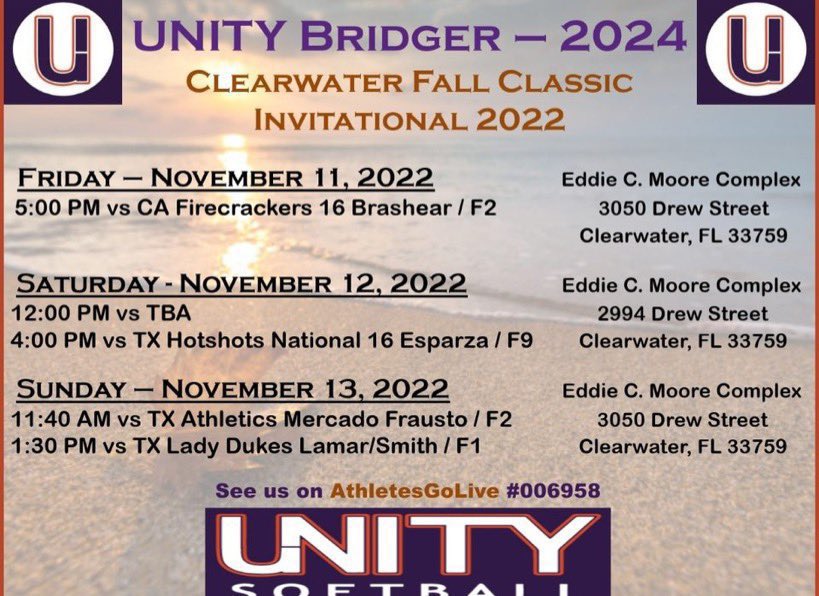 Looking to be a gorgeous weekend in Clearwater! Coaches come watch us play or watch on AGL! <a href="/UnityBridger/">Unity Bridger 2024</a> @Los_Stuff <a href="/SBRRetweets/">Softball Recruiting Reposts</a> <a href="/FGCU_Softball/">FGCU Softball</a> @CoachCrystal__ <a href="/KSUOwlsSB/">Kennesaw State Softball</a> <a href="/GWUSoftball/">Gardner-Webb Softball</a> @mackenzisteele <a href="/clemsonsoftball/">Clemson Softball 🥎</a> <a href="/cbreault12/">Courtney Breault</a> <a href="/marty_mac17/">Marty McDaniel</a> <a href="/USFSoftball/">USF Softball</a> <a href="/chelsw20/">Chelsea Wilkinson</a> <a href="/dixson_erin/">Erin Dixson</a>