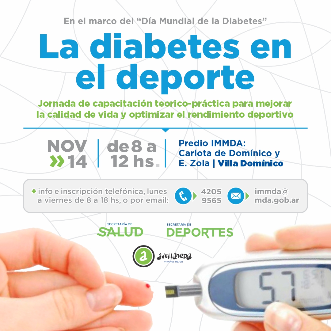 En el marco del Día Mundial de la Diabetes, que se conmemora el 14/11, el Municipio realizará la jornada “La diabetes en el deporte”. 

🔴Lunes 14, de 8 a 12hs, en el predio IMMDA de Villa Domínico.

👉Info/ inscripción: 4205-9565 / immda@mda.gob.ar