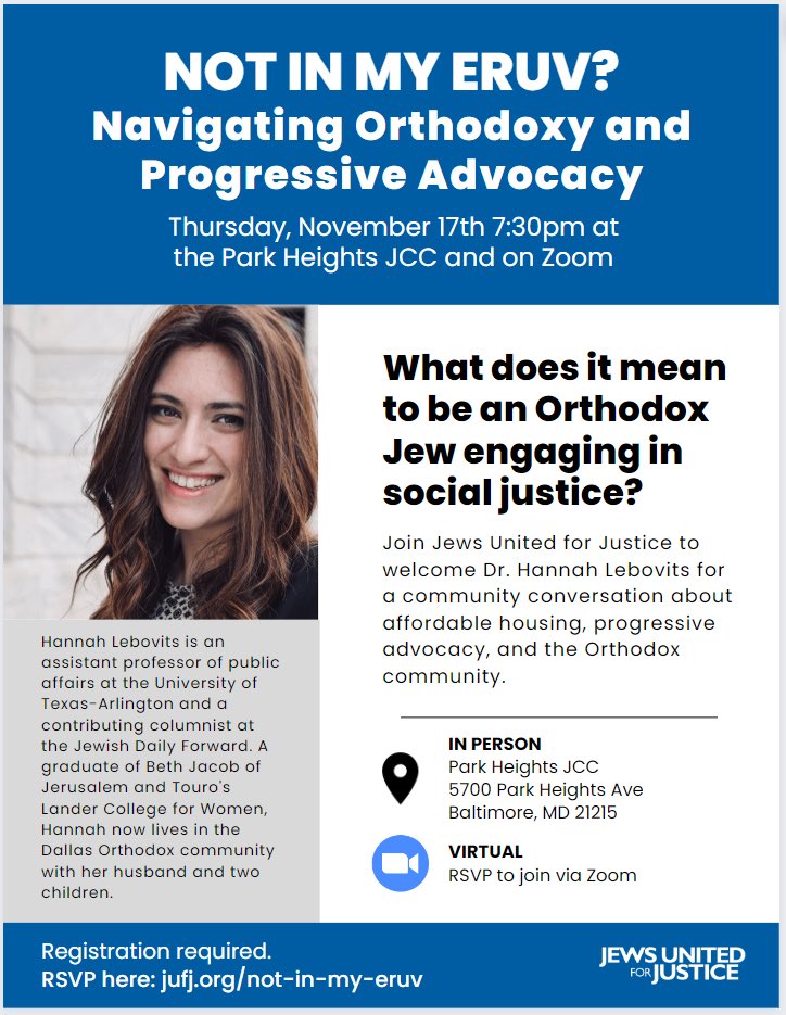 jufj's tweet image. What does it mean to be an Orthodox Jew engaging in social justice? Join JUFJ to welcome @HannahLebovits for a hybrid community conversation about affordable housing, progressive advocacy, and the Orthodox community. Register: jufj.org/event/not-in-m…