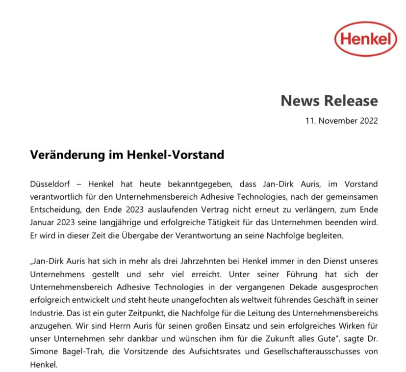 Jürgen Flauger (@juergen_flauger) on Twitter photo 14:06 Uhr: Antwort von @HenkelPresse zur @Handelsblatt-Anfrage zum Abgang eines Vorstands
17:30 Uhr: PM zum Abgang eines Vorstands
Im Jahr 2022 sehen Kommunikatoren noch immer ihre Hauptaufgabe im Verschleiern und Tricksen. Schade🙄 <a href="/Stahlhammer/">Martin Murphy</a> <a href="/MichaelScheppe/">Michael Scheppe</a> 14:06 Uhr: Antwort von @HenkelPresse zur @Handelsblatt-Anfrage zum Abgang eines Vorstands
17:30 Uhr: PM zum Abgang eines Vorstands
Im Jahr 2022 sehen Kommunikatoren noch immer ihre Hauptaufgabe im Verschleiern und Tricksen. Schade🙄 <a href="/Stahlhammer/">Martin Murphy</a> <a href="/MichaelScheppe/">Michael Scheppe</a>