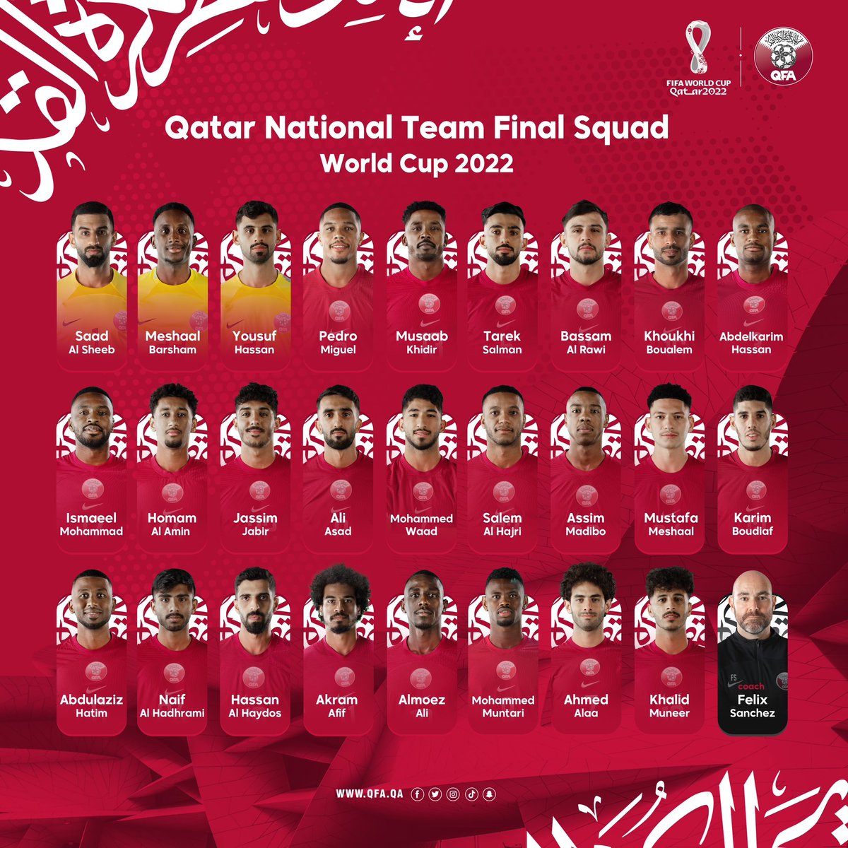 QFA_EN's tweet photo. Our 🇶🇦 national team squad for the #2022WorldCup

A team to be proud of 💪 

#AllForAlAnnabi 💪 
#ForTheLoveOfQatar https://t.co/VvP0qyWJZD