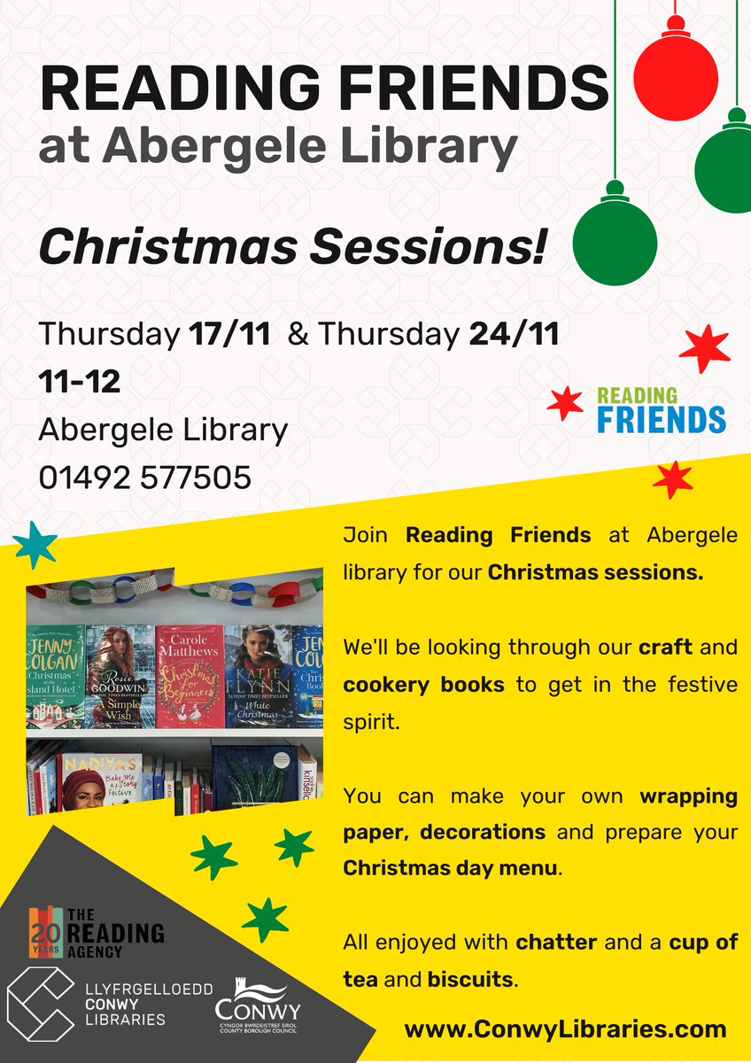ConwyLibraries's tweet photo. Join the brilliant 'Reading Friends' group for adults at Abergele library! 📖🎄

They will be prepping for Christmas! 📖❄️

📆 17/11 &amp; 24/11
⏰ 11am
📌 Abergele Library

Contact Abergele library for more information:

☎️ 01492 577505
✉️ abergele.library@conwy.gov.uk https://t.co/QdcgvhZ9Wz
