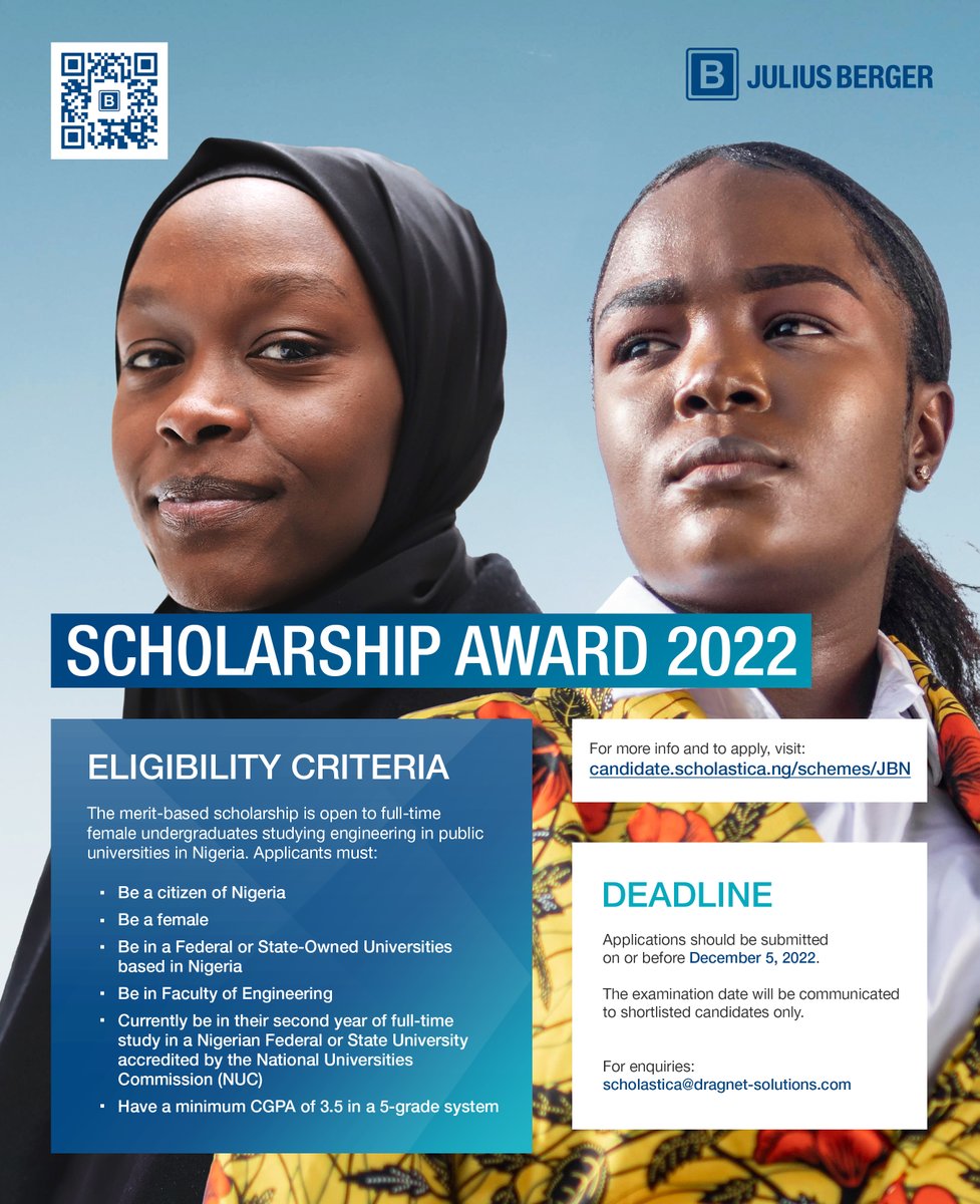 The Julius Berger Nigeria Scholarship Scheme 2022 for female engineering students is currently open. Apply Now! candidate.scholastica.ng/schemes/jbn #scholarshipaward #juliusberger #femaleengineeringstudent