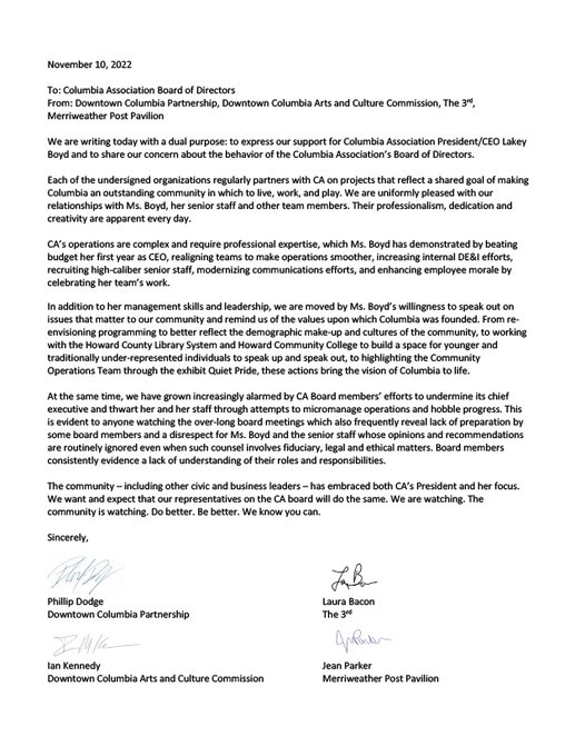 Merriweather Post Pavilion (@merriweatherpp) on Twitter photo We'd like to share our support for the <a href="/ColumbiaAssn/">Columbia Association</a>'s president Lakey Boyd. Thanks to the Downtown Columbia Arts and Culture Commission, Downtown Columbia Partnership, and <a href="/the3rdinc/">The 3rd</a> for their partnership in this message. We'd like to share our support for the <a href="/ColumbiaAssn/">Columbia Association</a>'s president Lakey Boyd. Thanks to the Downtown Columbia Arts and Culture Commission, Downtown Columbia Partnership, and <a href="/the3rdinc/">The 3rd</a> for their partnership in this message.