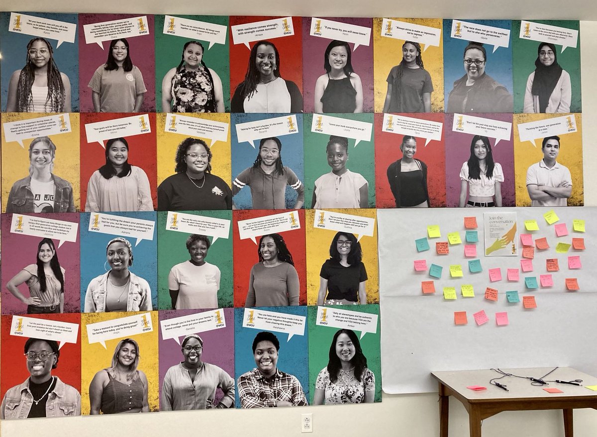 VCUCabell's tweet image. We are celebrating #FirstGenStudents at #VCU with a portrait gallery of first generation college students on the first floor. Stop by and take a selfie, or write a note of encouragement to our #FirstGen students!