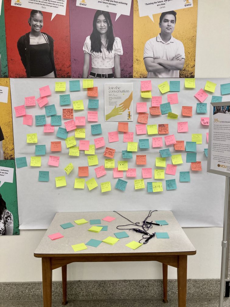 VCUCabell's tweet image. We are celebrating #FirstGenStudents at #VCU with a portrait gallery of first generation college students on the first floor. Stop by and take a selfie, or write a note of encouragement to our #FirstGen students!