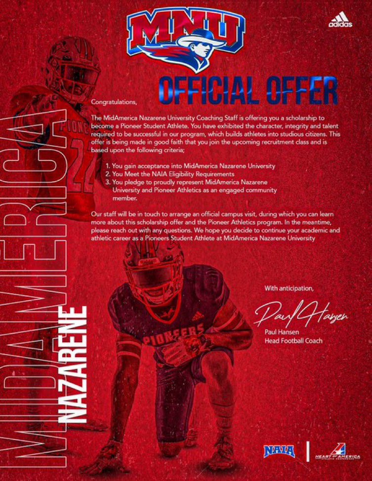 JobeSmith_11's tweet photo. I’m happy to say I have received an offer from Mid-America Nazarene @CoachHansen_ @JPRockMO @NateLatsch @6starfootballMO https://t.co/ZXJQYz6Fvh