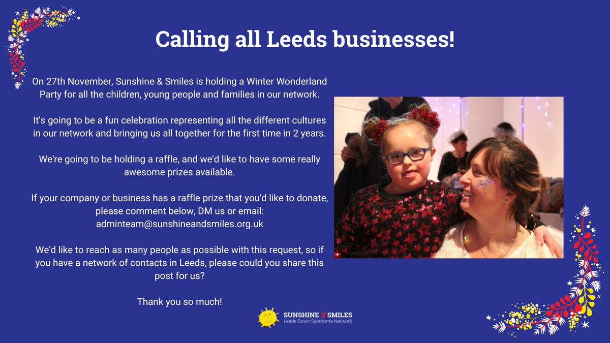 ❄️PLEASE SHARE❄️

Calling #Leeds businesses -  can you help us with our raffle?

If your business has a raffle prize that you'd like to donate, please comment below, DM us or email: adminteam@sunshineandsmiles.org.uk

#LeedsUnited #LeedsBusiness #LeedsCharity #downsyndrome