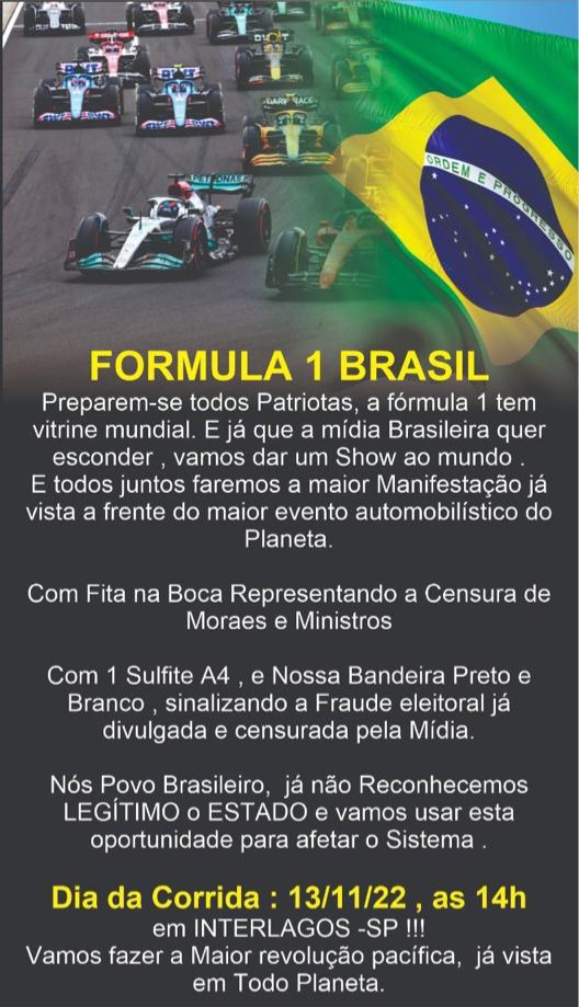 Vamos aproveitar a visibilidade da F1 pra mostrar ao mundo o q tá acontecendo no Brasil!
Compartilhem ao máximo:👇🏻