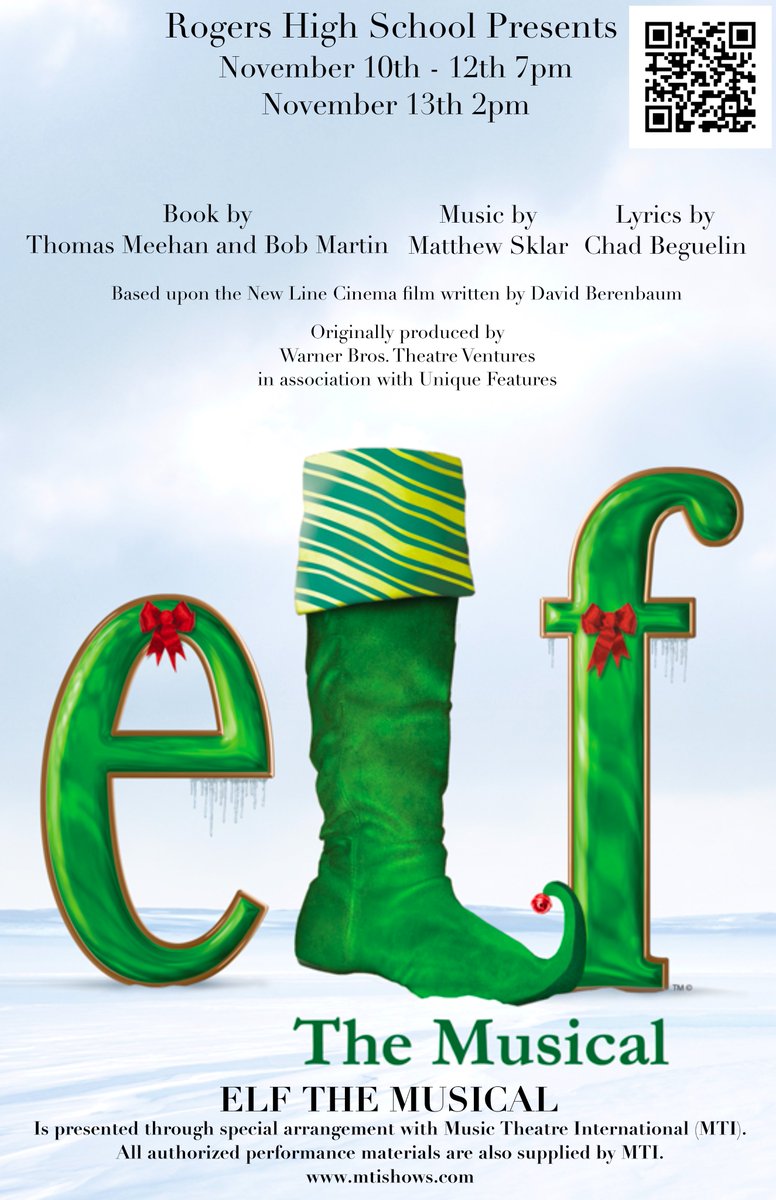 This just in! Elf is SOLD OUT tonight! We have 250 seats left for Saturday, and only 60 left for Sunday. Get them now, people! Thank you to our community for supporting the Arts!